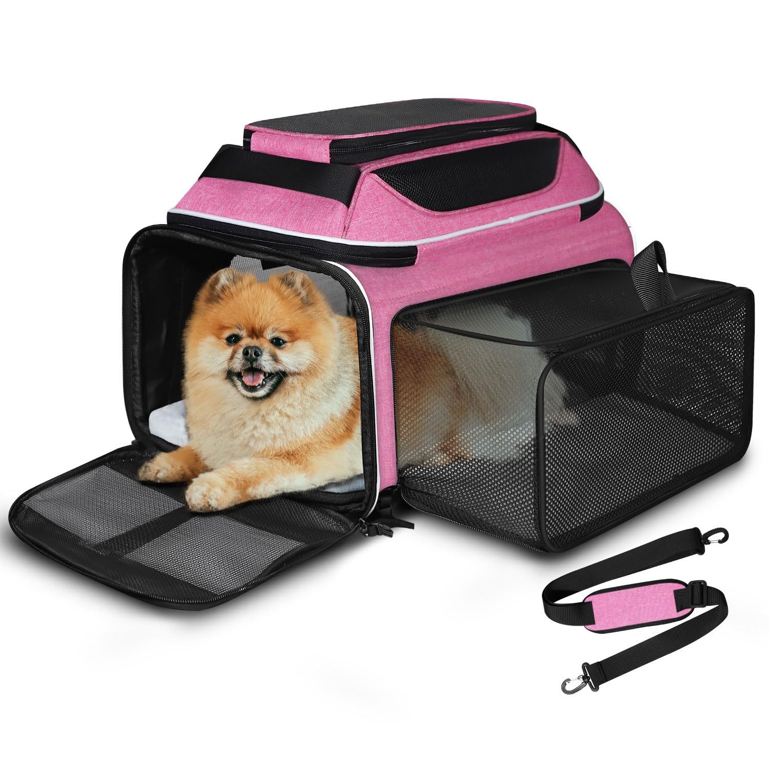 Petskd top and side expandable carrier pink front view shows airline-friendly under-seat compatibility.