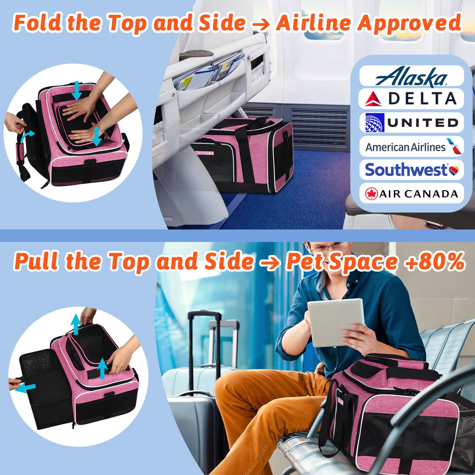 Petskd pink inside view highlights breathable mesh and easy pet visibility.