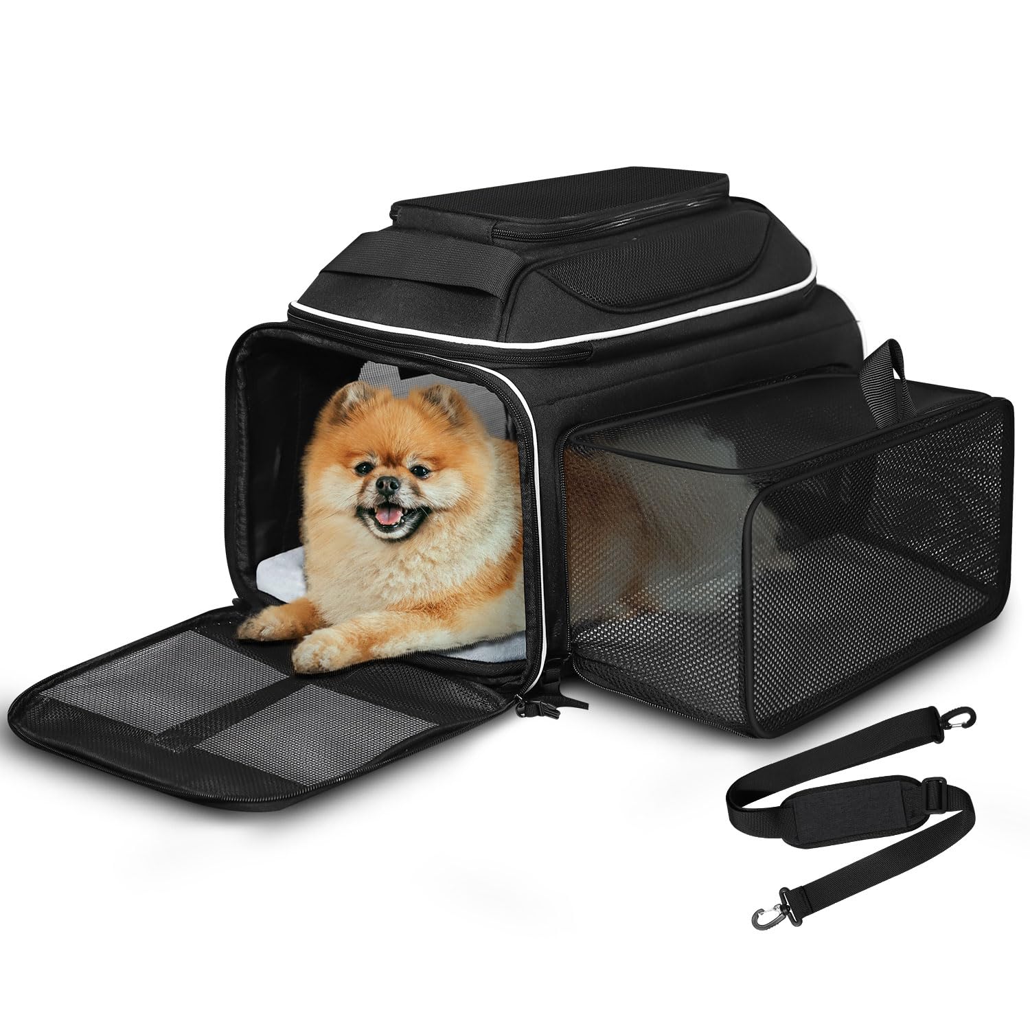 Petskd top-side expandable carrier under-seat view for compact travel with small pets.