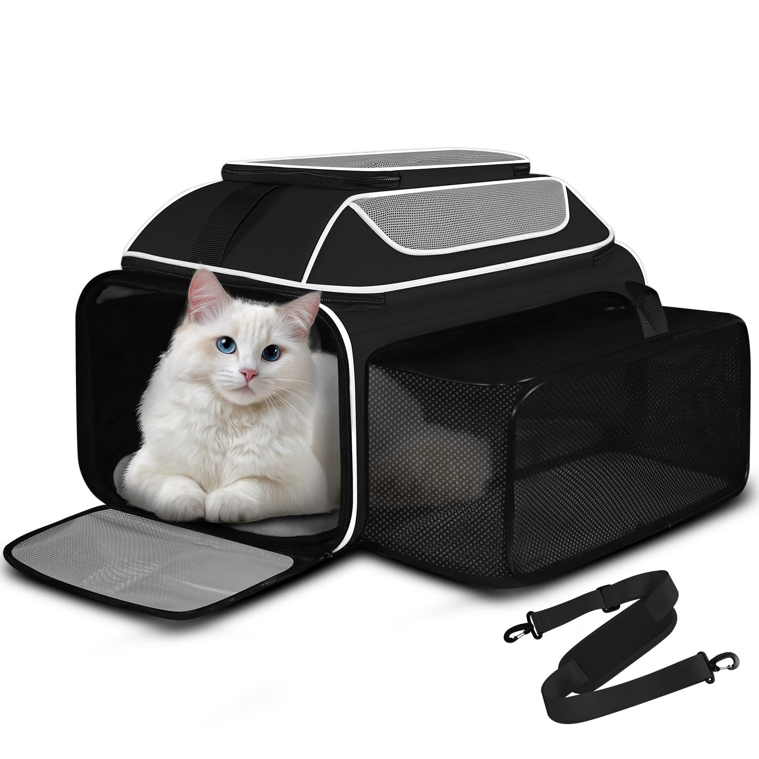 Petskd carrier top and side expandable under-seat view for airline travel.