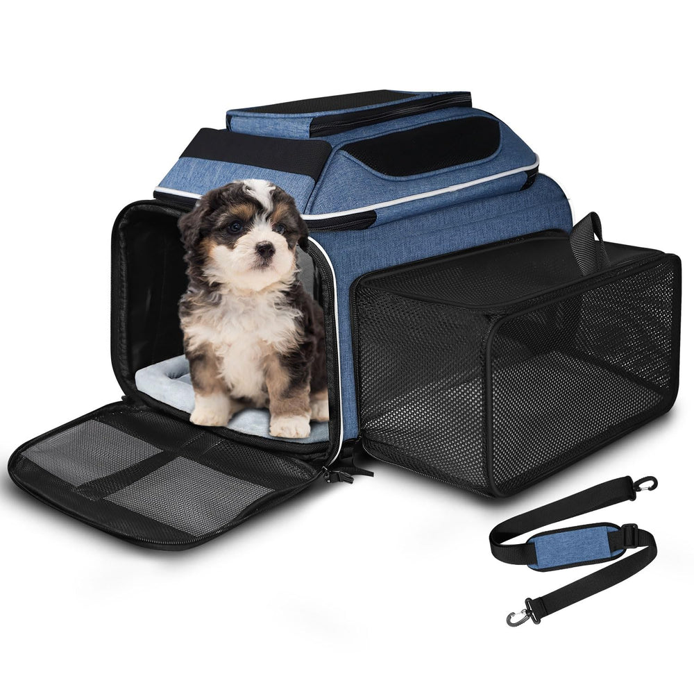 Petskd top-side expandable pet carrier blue, roomy design for comfort during travel.