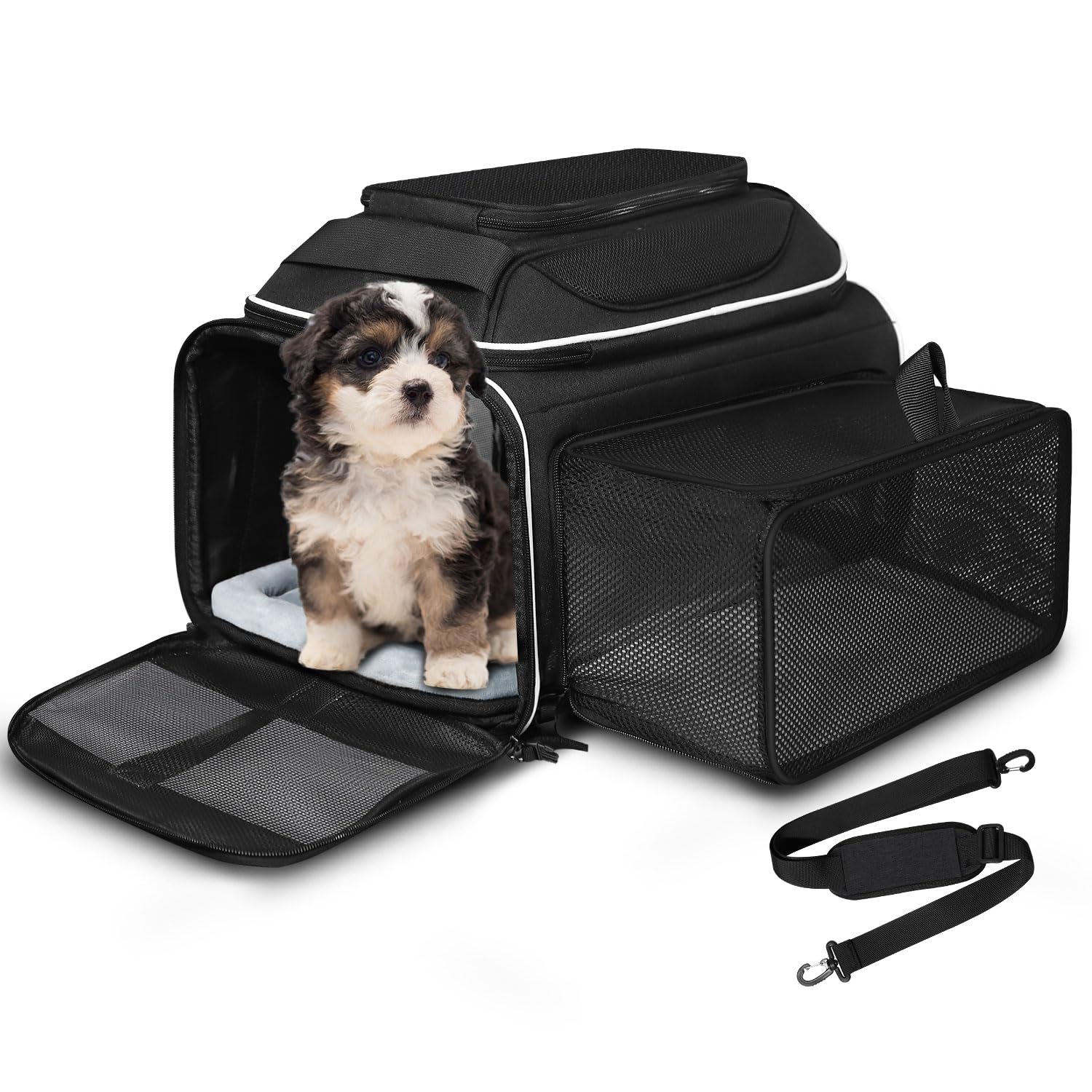 Petskd top-and-side-expandable-pet-carrier front view, compact under-seat fit for flights.