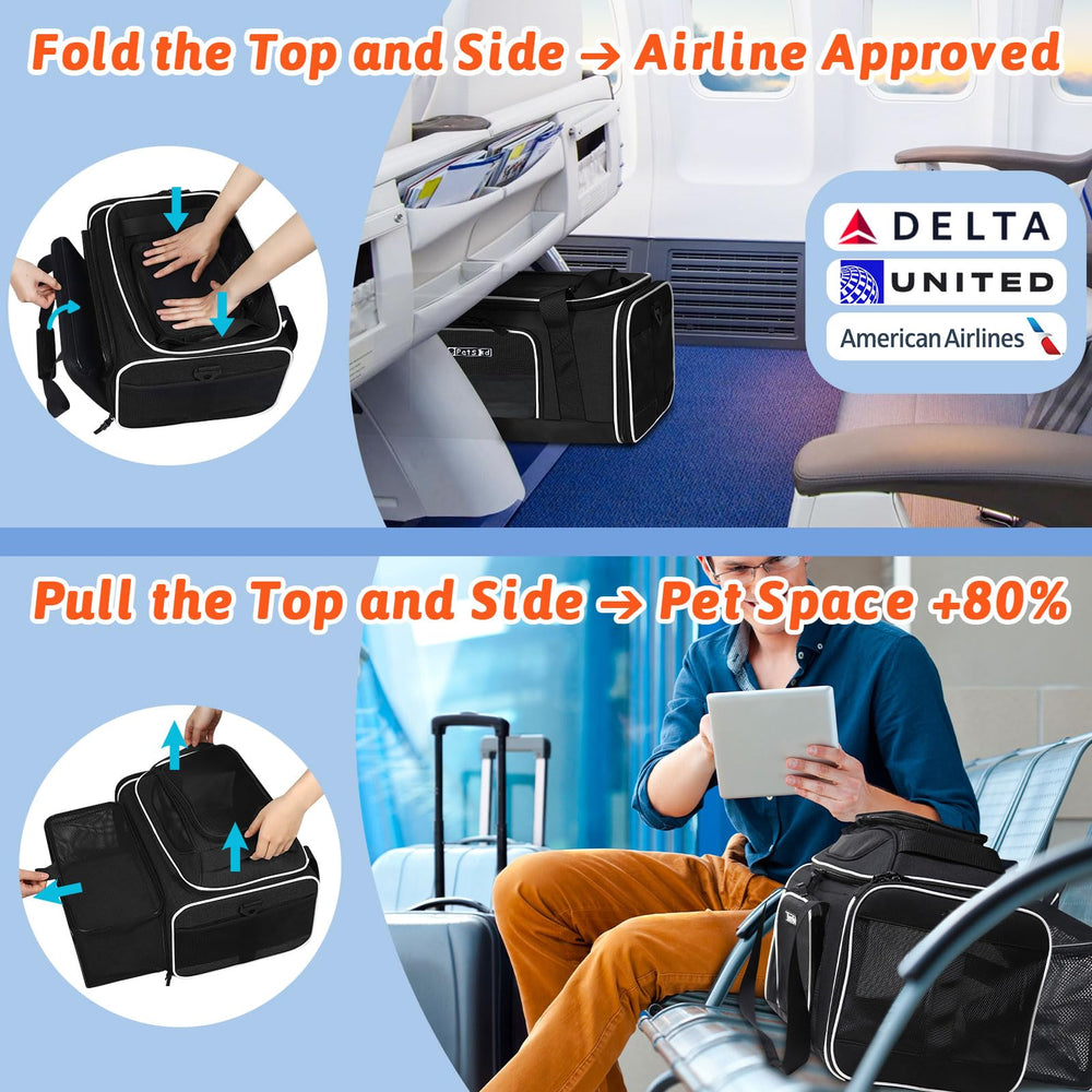 Petskd under-seat image shows airline-approved size for Delta/United/AA with small pets.
