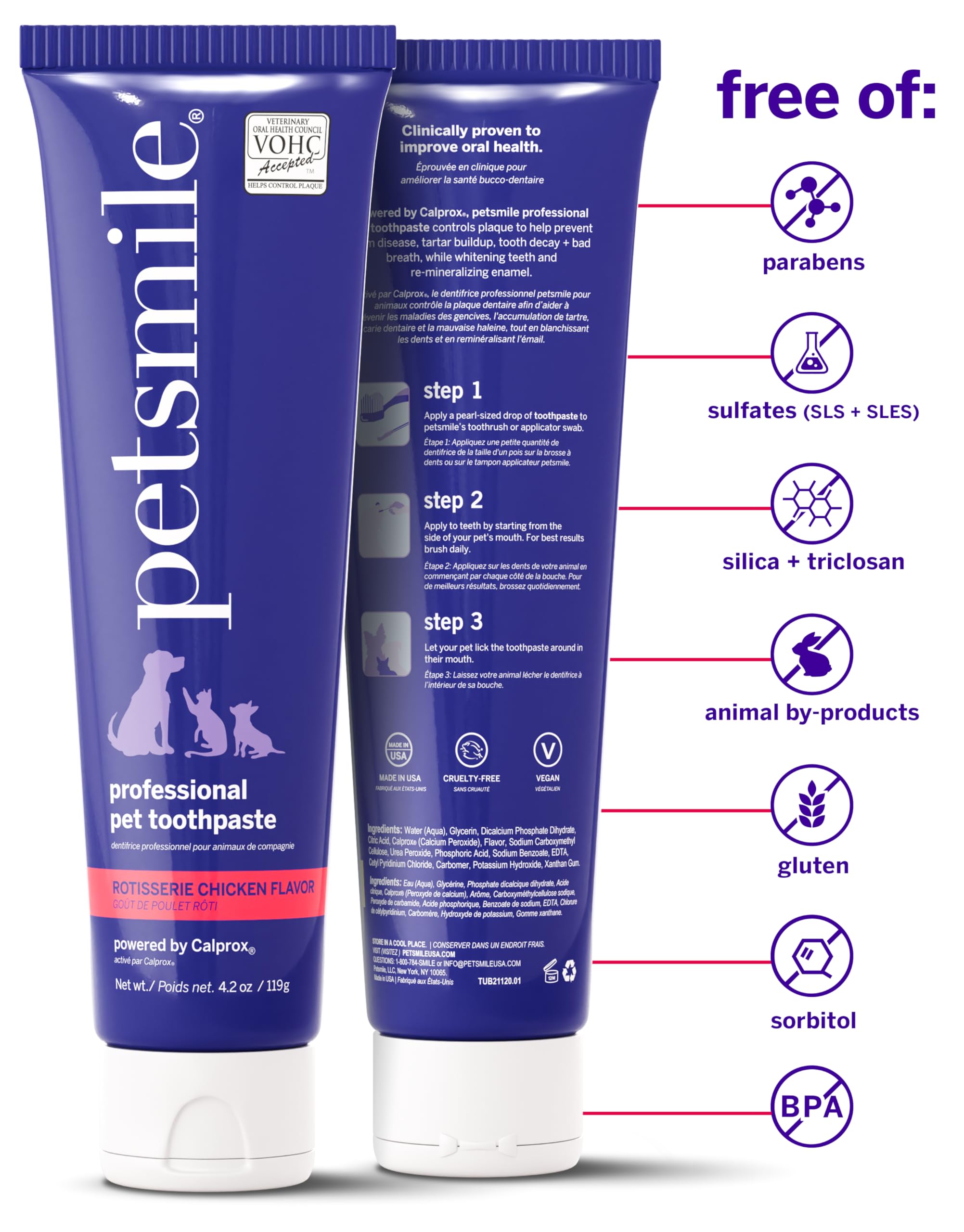 Petsmile Calprox formula graphic highlights plaque control and tartar reduction