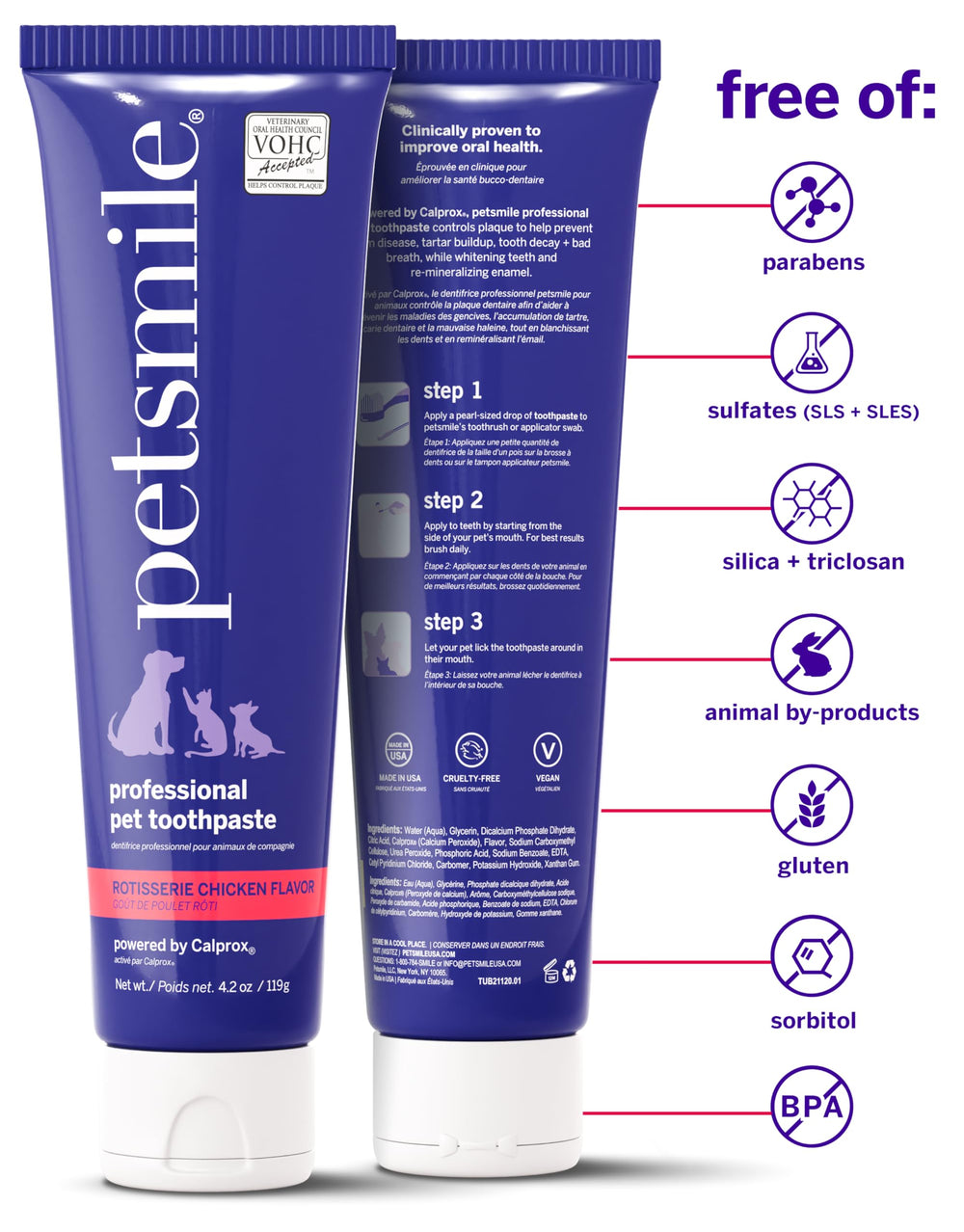 Petsmile Calprox formula graphic highlights plaque control and tartar reduction