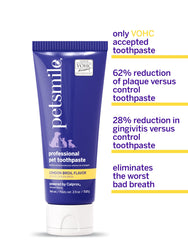 Petsmile Pro pet licking action image suggests flavor-friendly, passive application