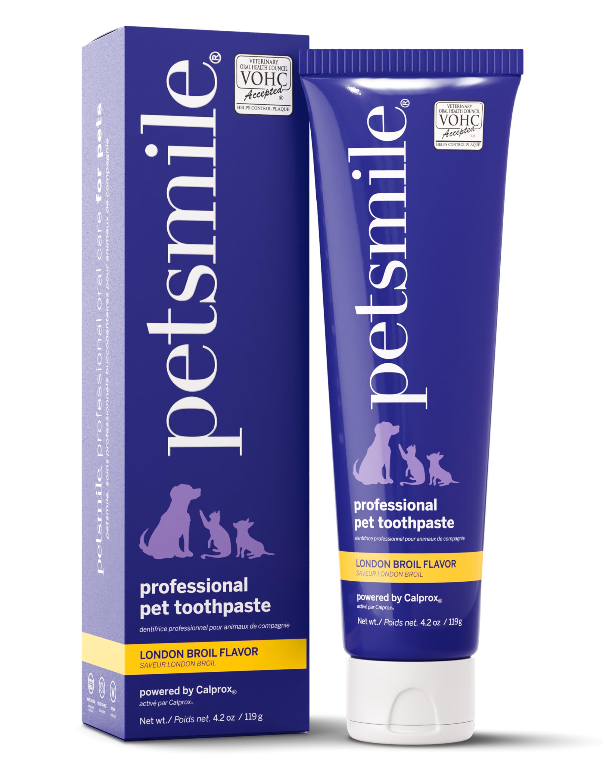 Petsmile Pro toothpaste tube close-up with London Broil flavor for pet-friendly care.