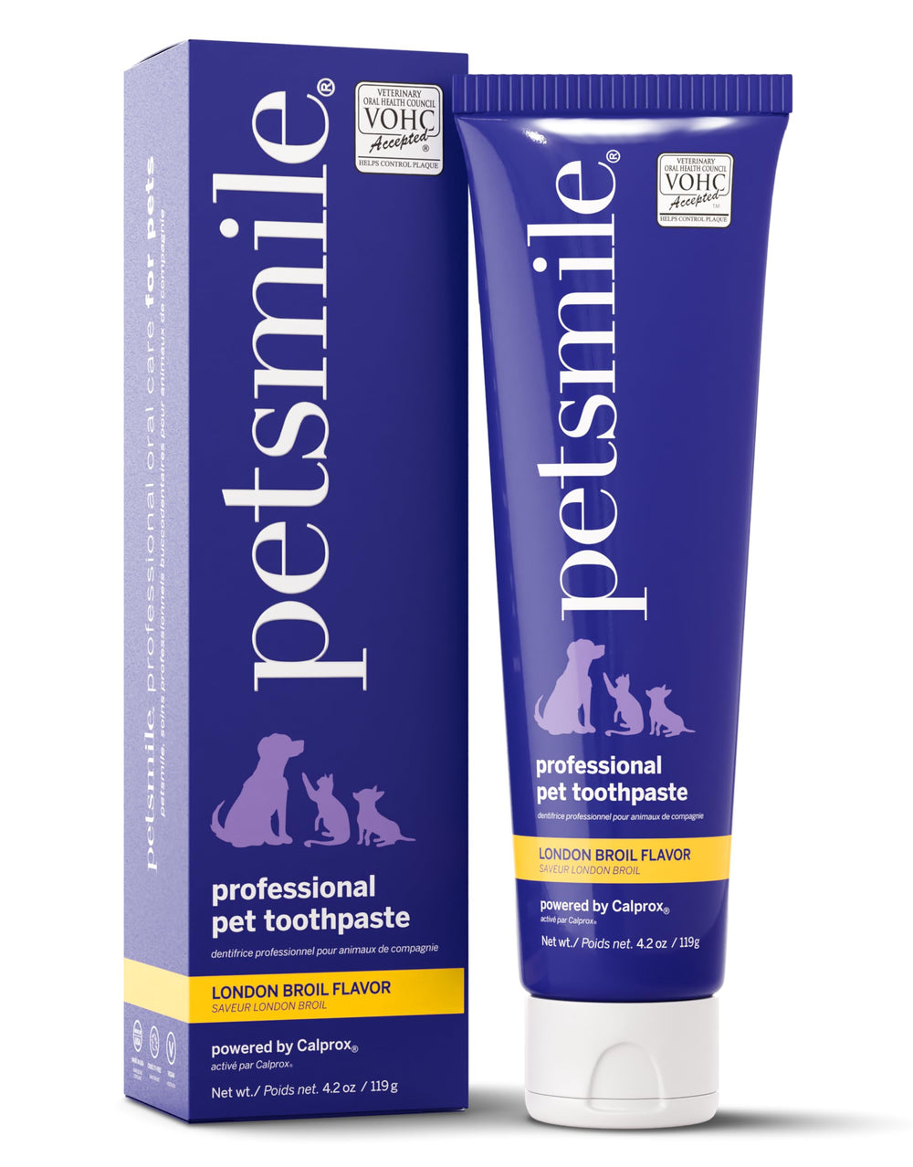 Petsmile Pro toothpaste tube close-up with London Broil flavor for pet-friendly care.