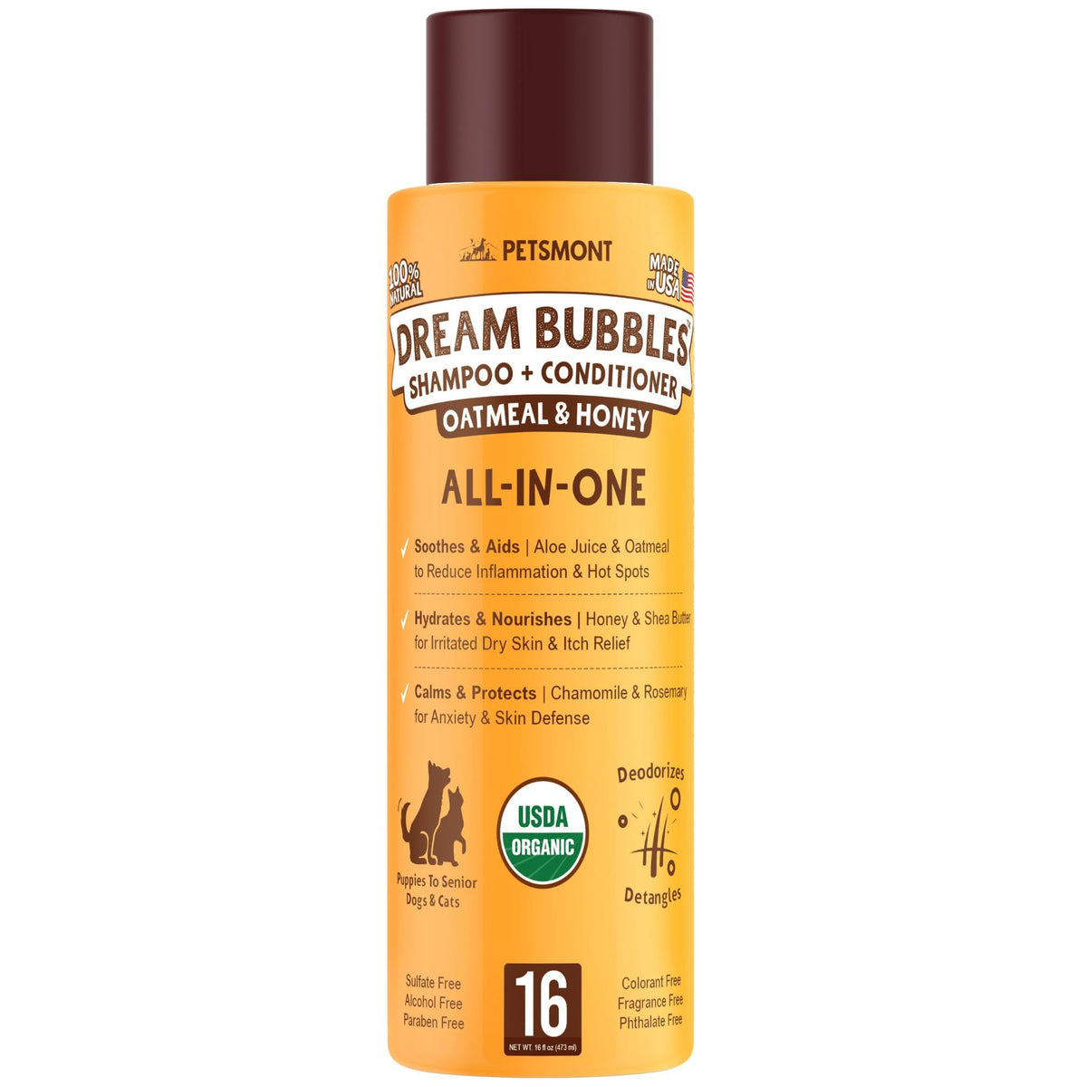 Petsmont Dream Bubbles 2in1 bottle front for dogs and cats promotes easy grooming.