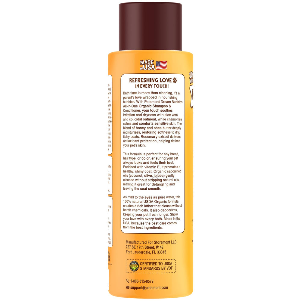 Petsmont Dream Bubbles fragrance-free formula close-up emphasizes safe-scent grooming.