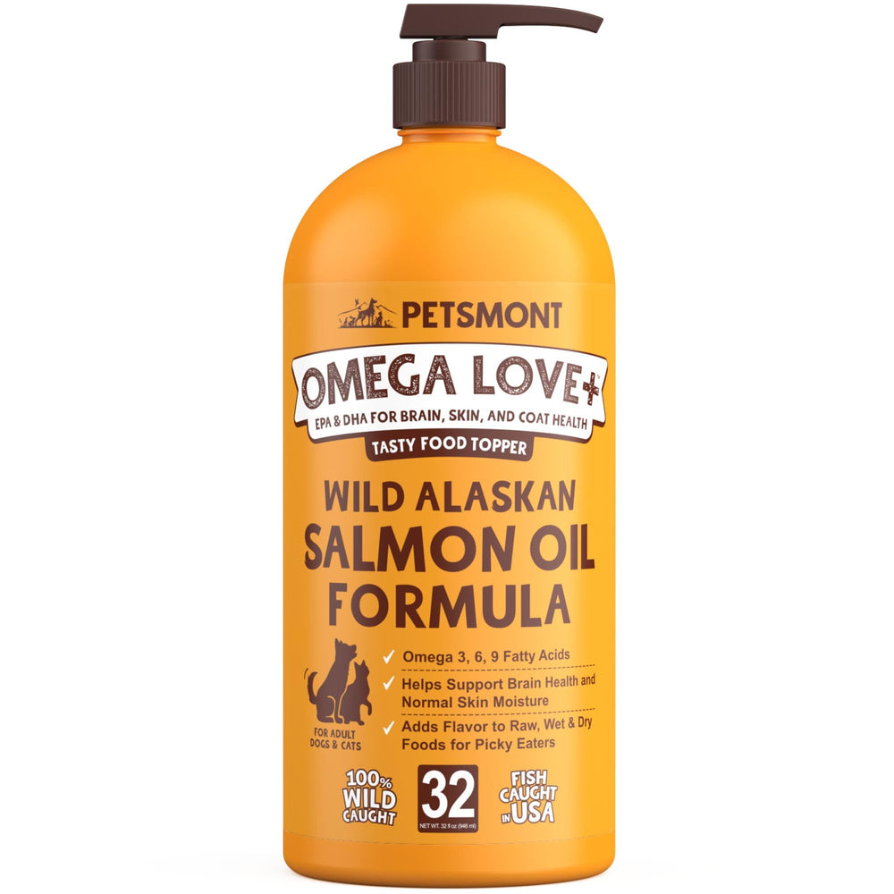 Petsmont Omega Love+ salmon oil bottle with pump for dogs and cats supporting coat health.