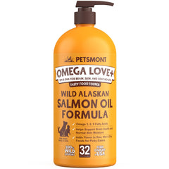 Petsmont Omega Love+ salmon oil bottle with pump for dogs and cats supporting coat health.