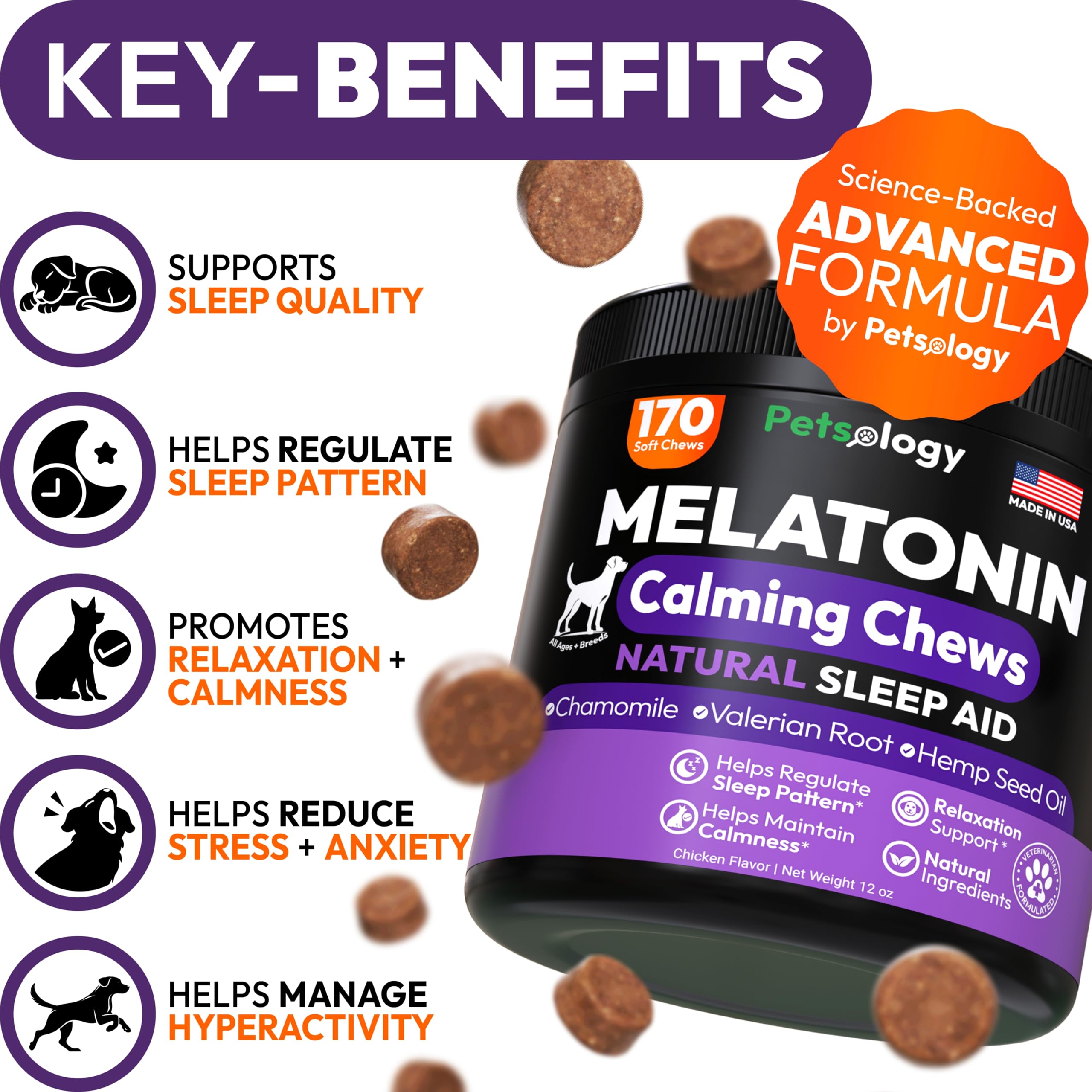 Petsology 170-dog-melatonin-chews closeup shows appealing chews your dog may enjoy before bed.