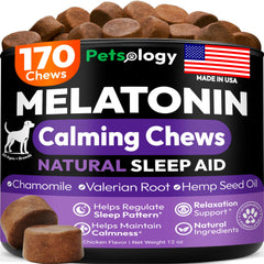 Petsology advanced melatonin dog chews bottle provides natural sleep support for calm evenings.