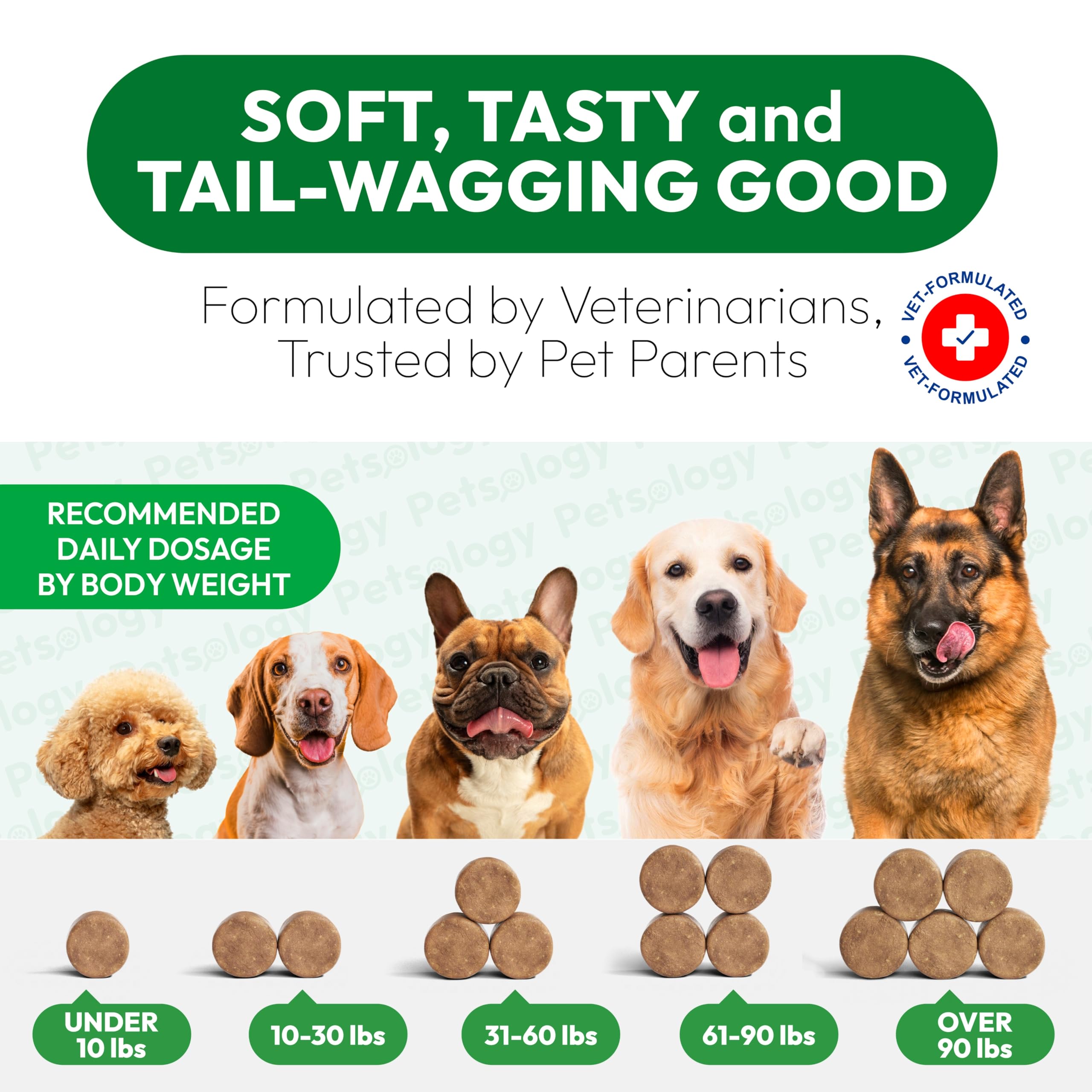 Petsology Chews on wooden surface with pack for daily-use convenience.