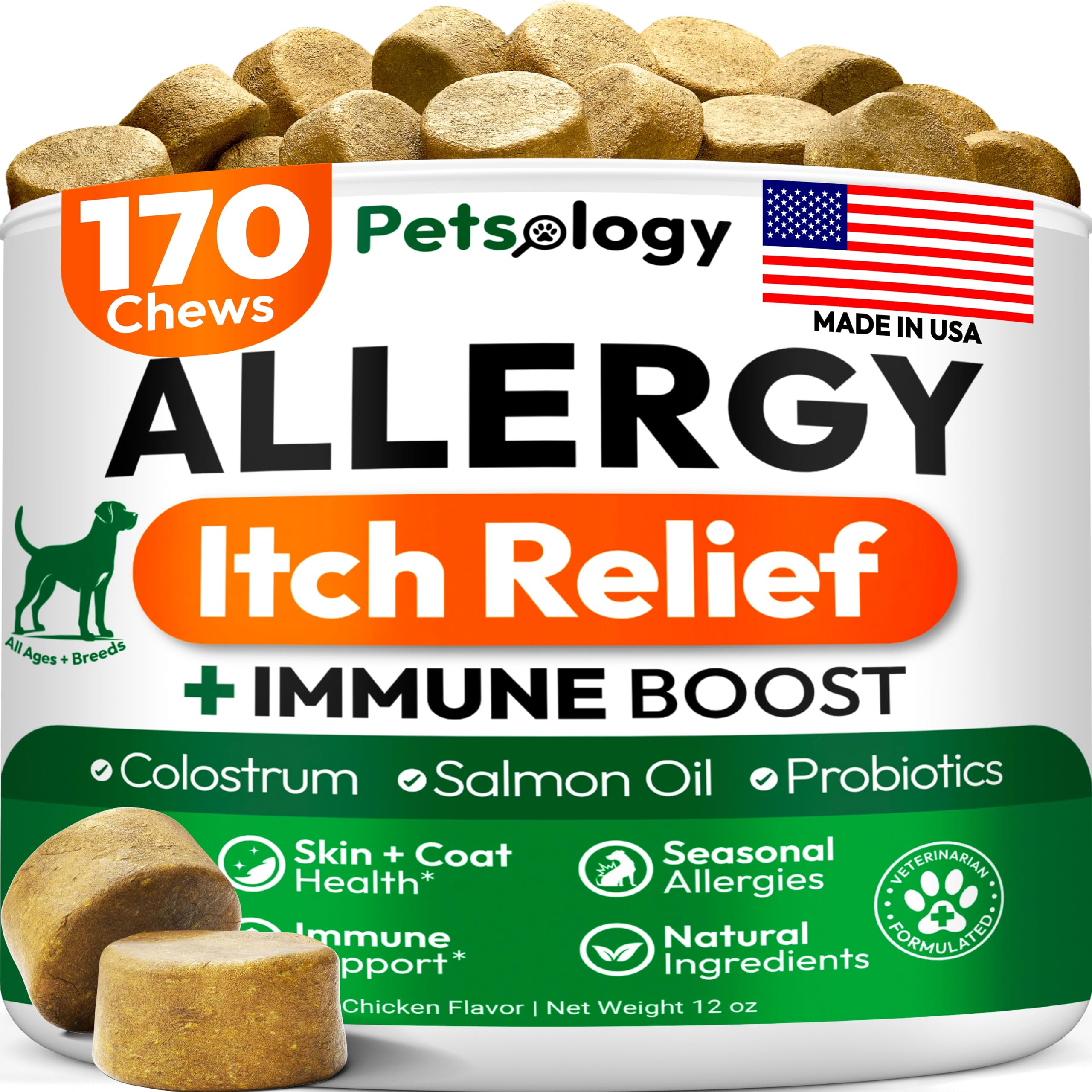 Petsology Dog Allergy Relief Chews bottle, convenient daily support for itchy skin.