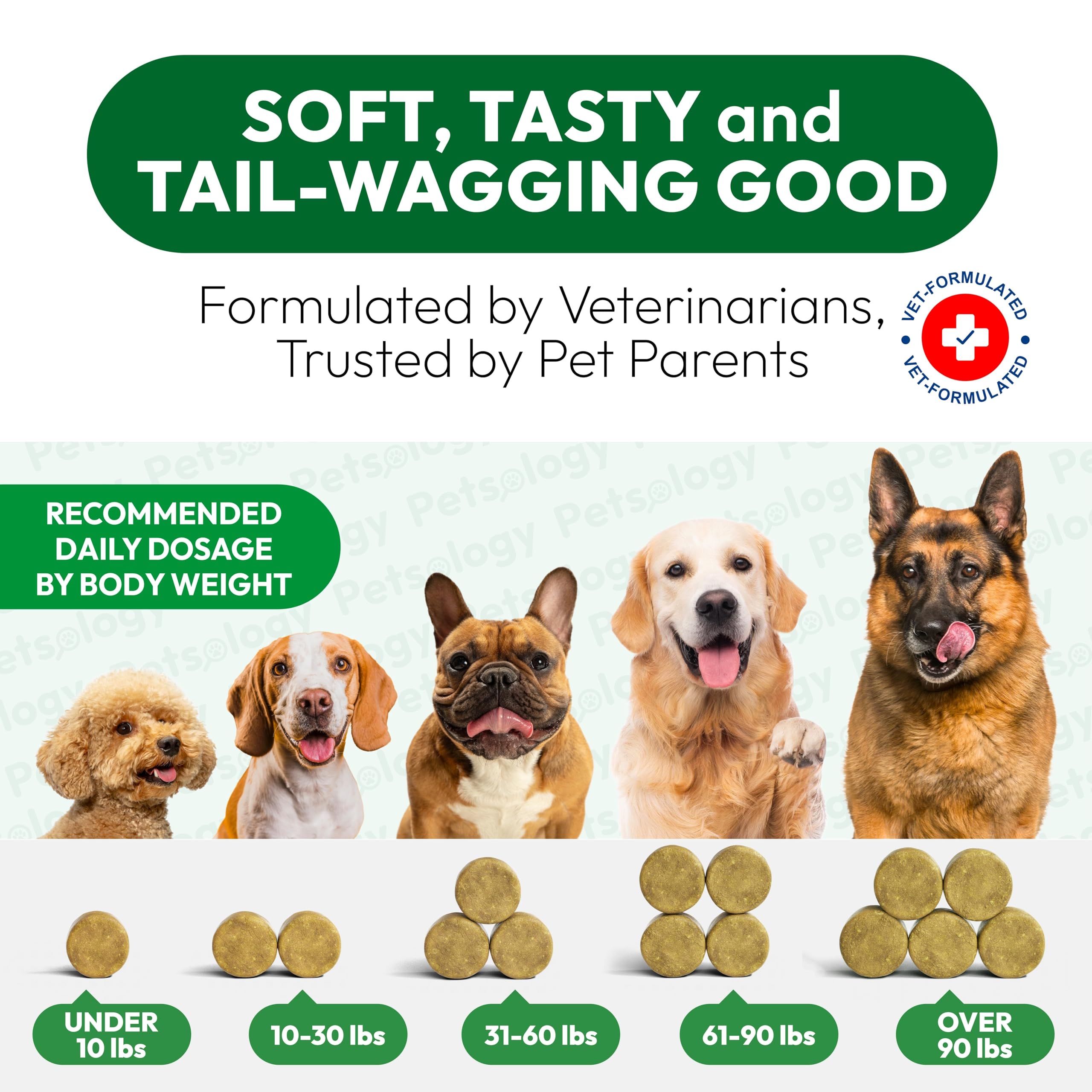 Petsology Dog Allergy Relief Chews label indicates USA manufacture.