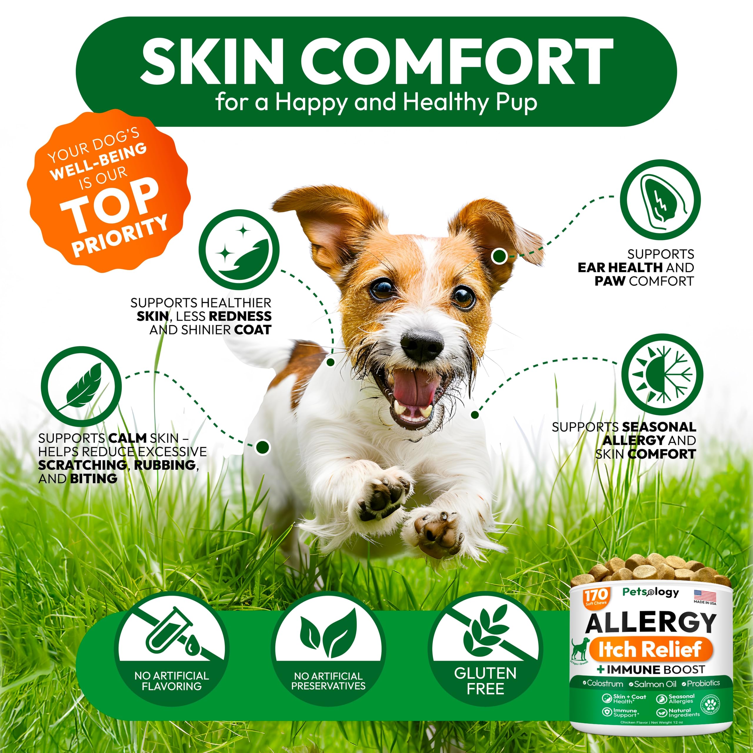Petsology Dog Allergy Relief Chews natural ingredients with omega-3 and probiotics.