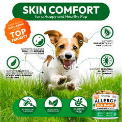 Petsology Dog Allergy Relief Chews natural ingredients with omega-3 and probiotics.