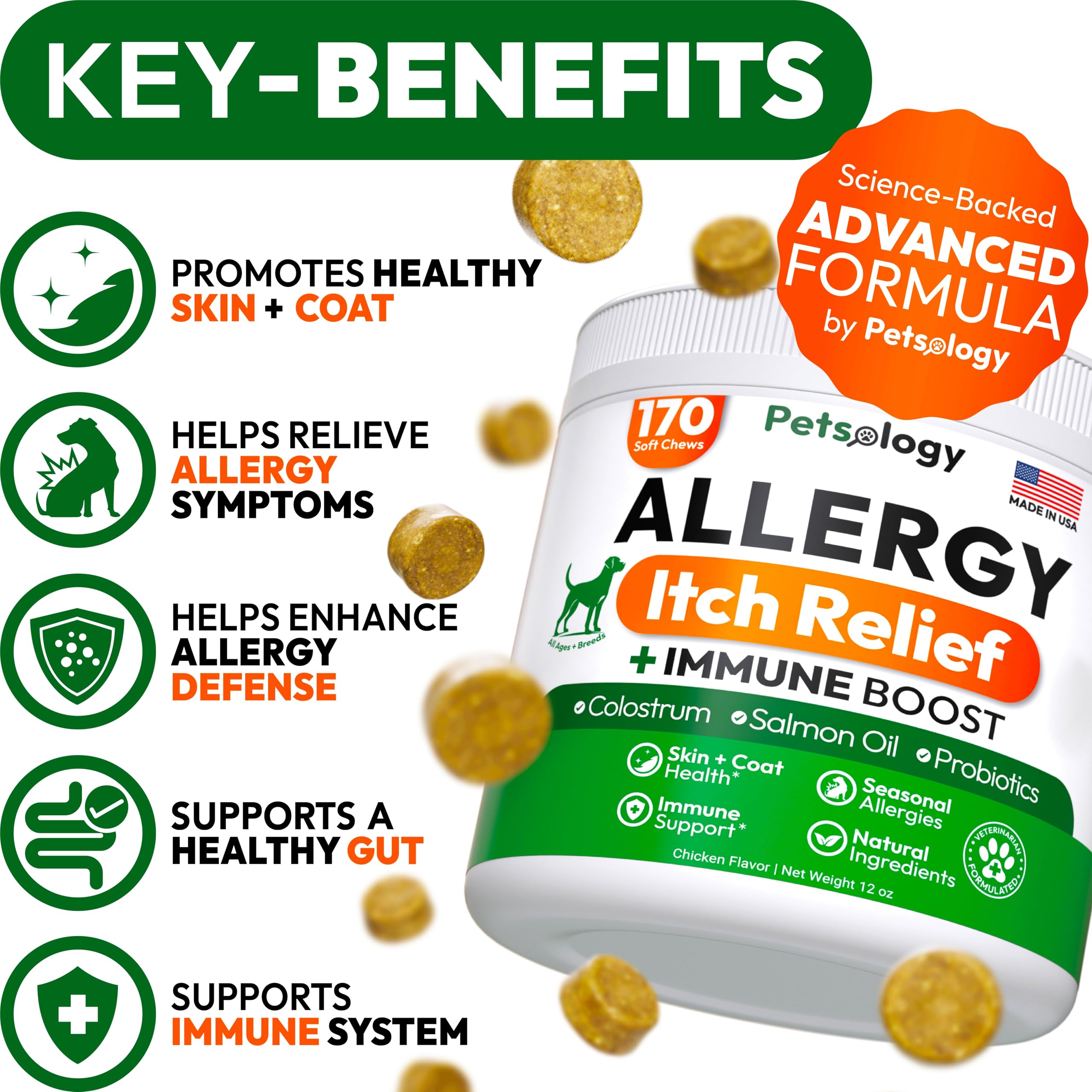 Petsology Dog Allergy Relief Chews packaging box, USA-made convenience and vet-formulated care.