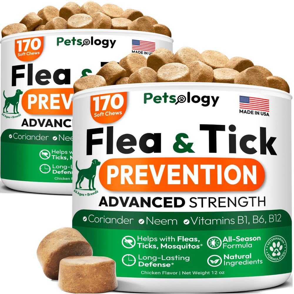 Petsology dog flea tick chews bottle for easy protection.