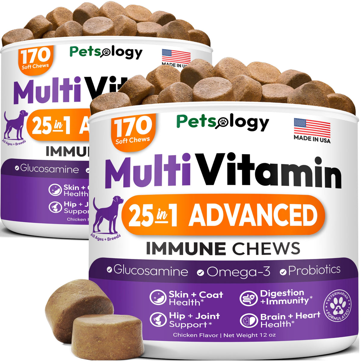 Petsology dog multivitamin chew bottle label highlights comprehensive joint, immune, and heart health benefits.
