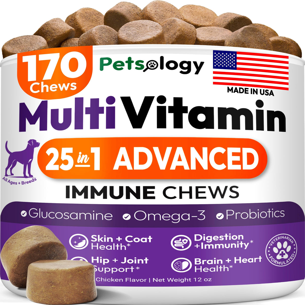 Petsology dog multivitamin chewables bottle highlights 170 chews for joint, skin, and digestion support.