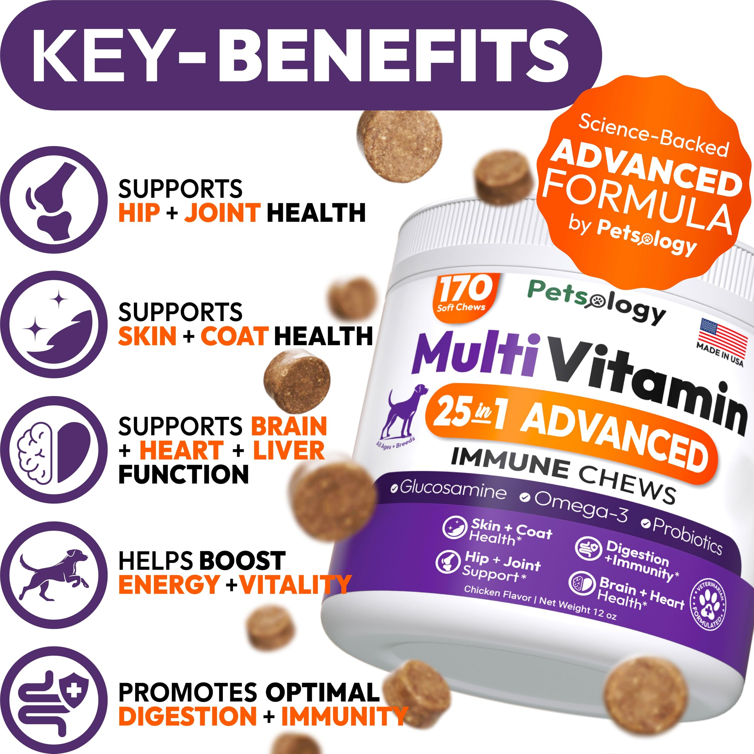 Petsology dog multivitamin chews on hand illustrate easy daily supplementation for wellness.