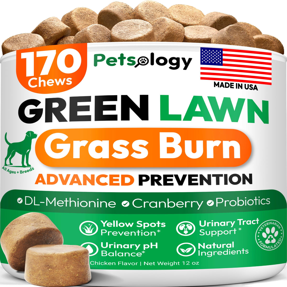 Petsology Dog Urine Neutralizer bottle protects lawn from yellow spots.
