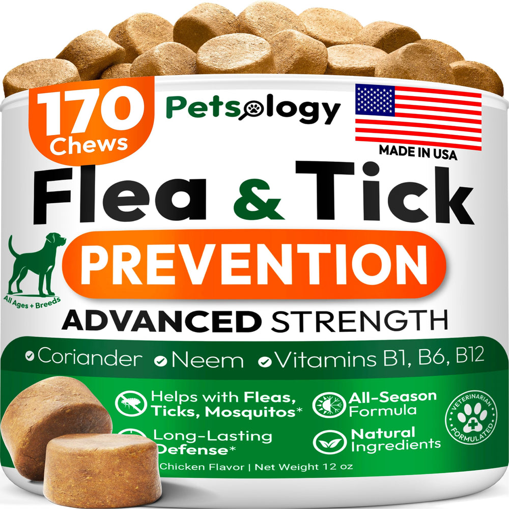 Petsology flea and tick chews bottle shows convenient daily protection for all dogs.