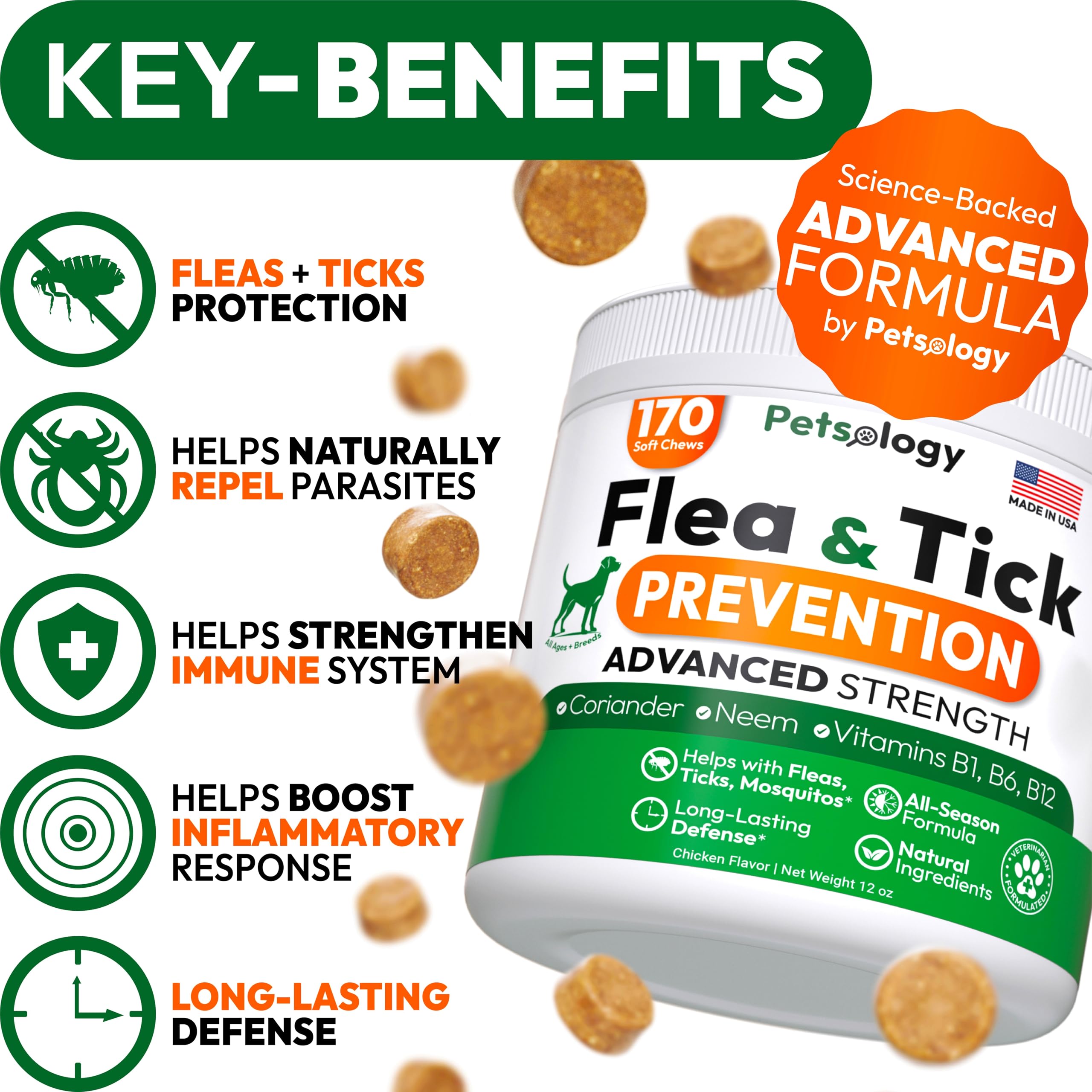 Petsology flea-tick-chews closeup highlights tasty texture for easy dosing.