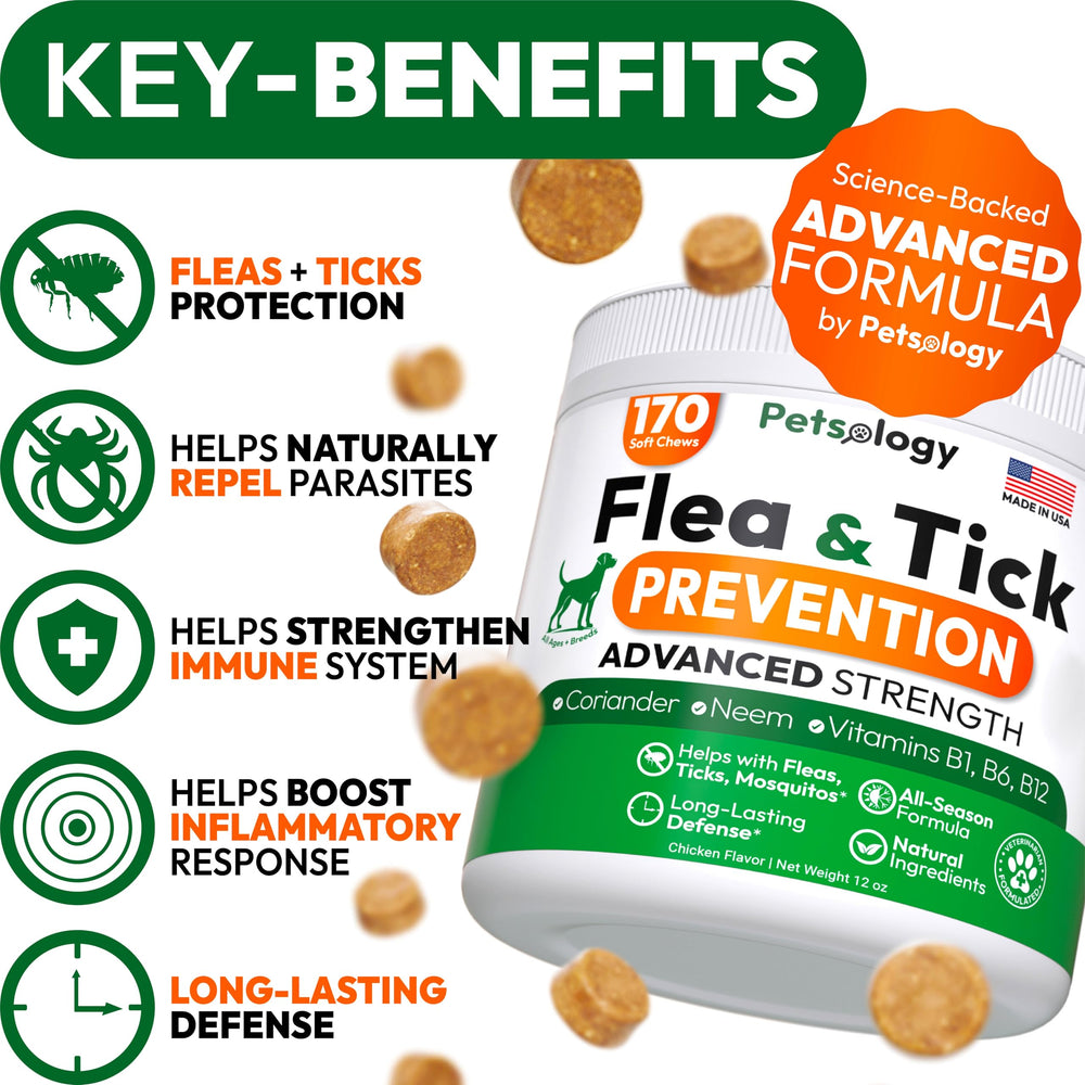 Petsology flea-tick-chews closeup highlights tasty texture for easy dosing.