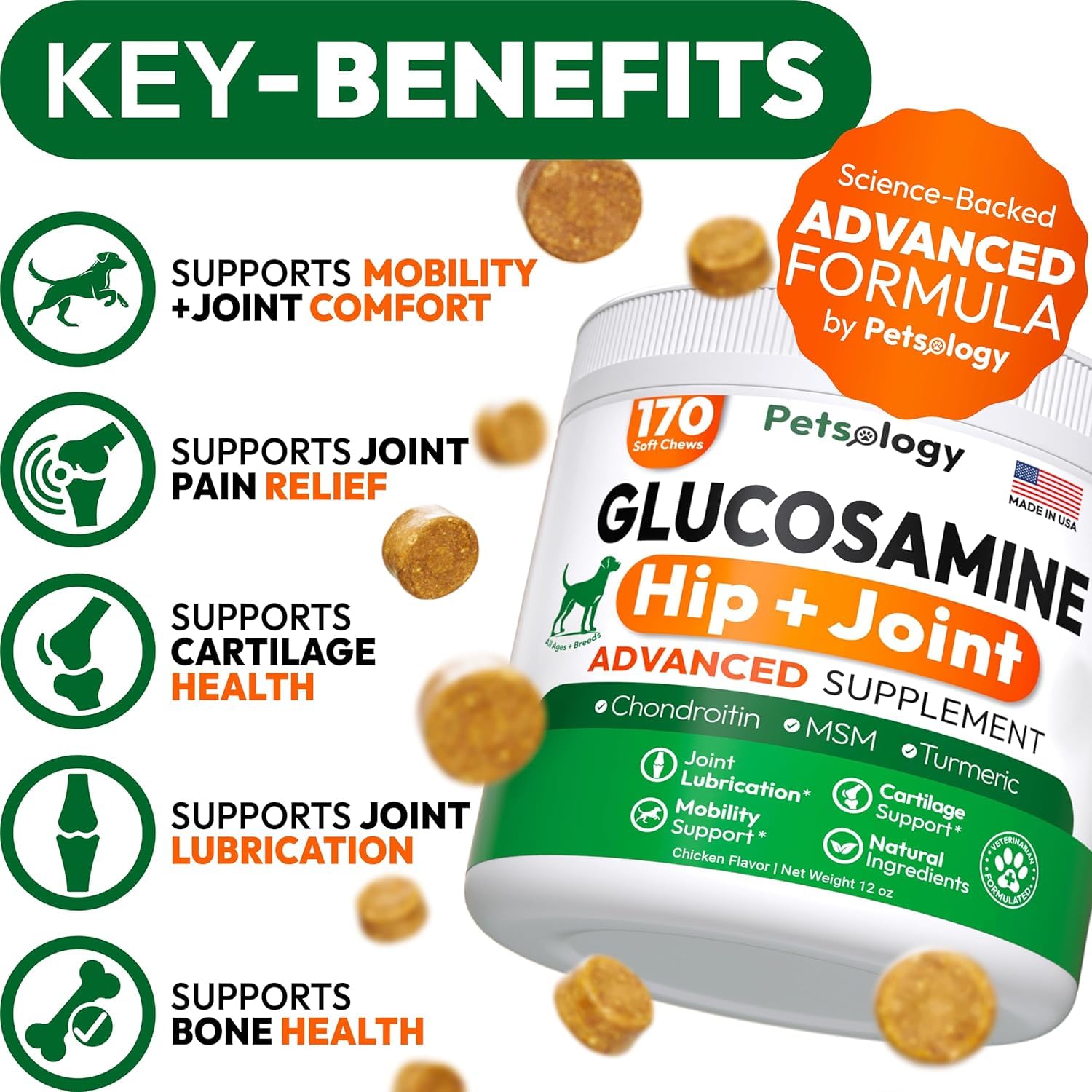 Petsology glucosamine dog chews ingredients closeup highlights premium joint health formulation.