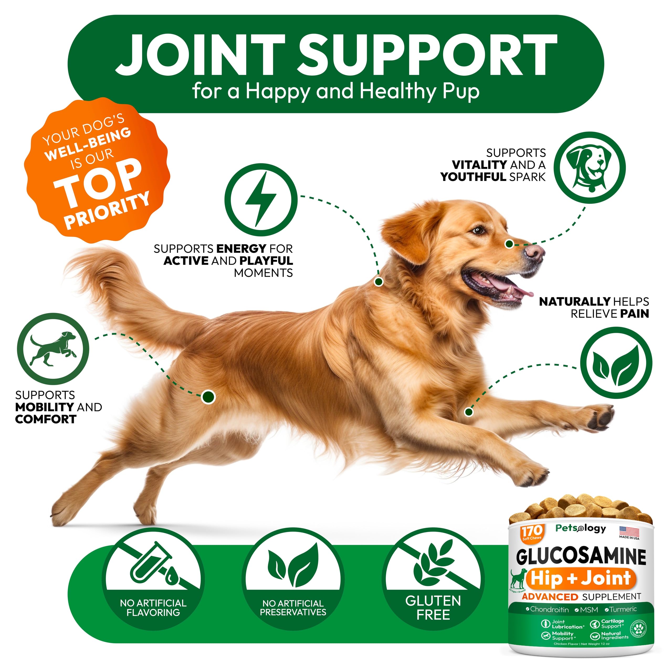 Petsology Glucosamine for Dogs dog chewing action shot demonstrates easy administration