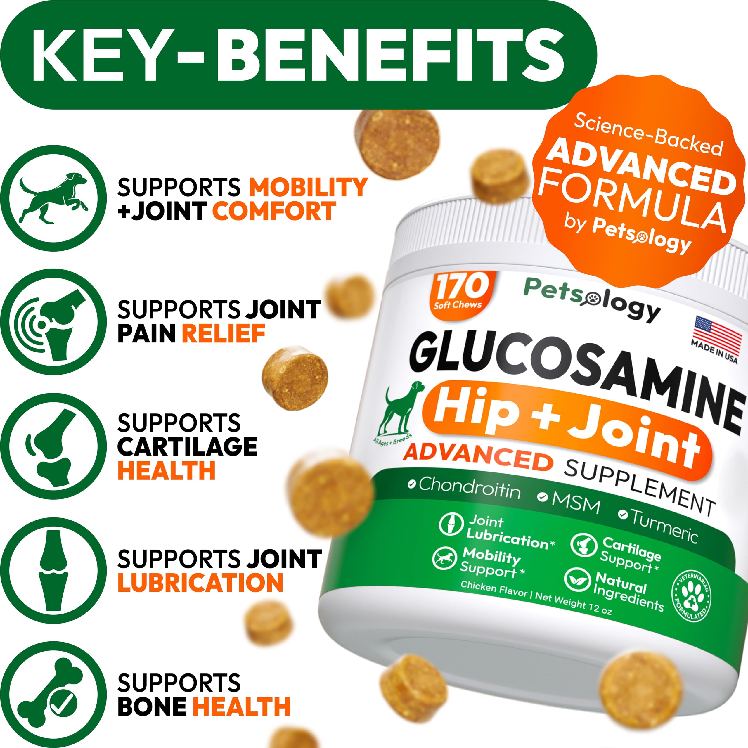 Petsology Glucosamine for Dogs packaging highlights premium joint support formula