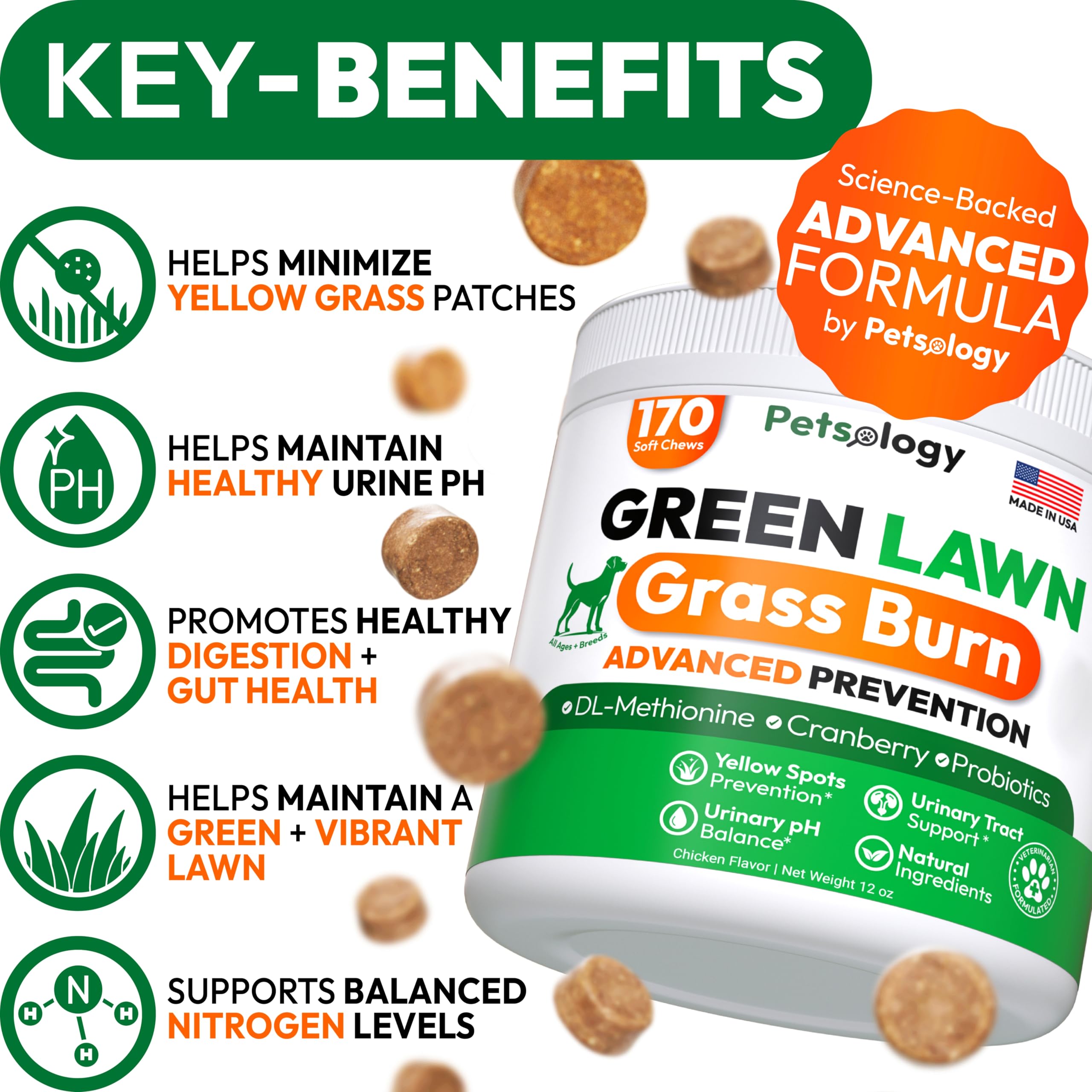 Petsology Green Lawn Chews pack highlighting lawn health support.