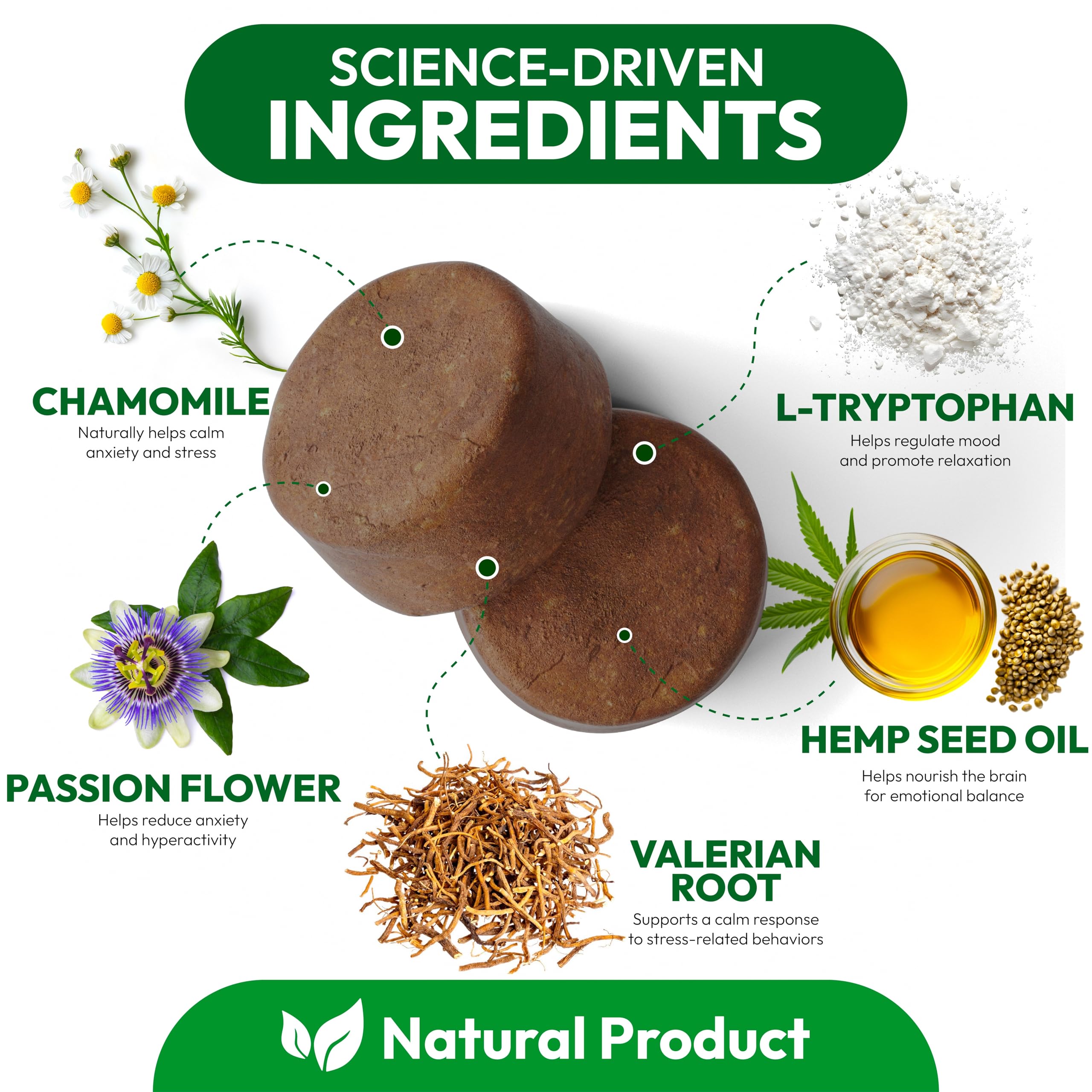 Petsology Hemp Calming Chews dog label closeup emphasizes premium natural ingredients for healthy relaxation.
