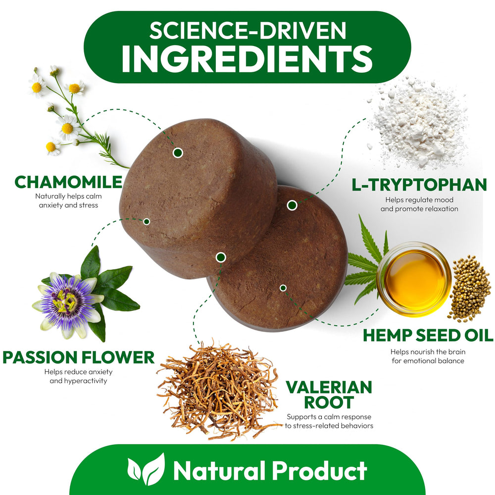 Petsology Hemp Calming Chews dog label closeup emphasizes premium natural ingredients for healthy relaxation.