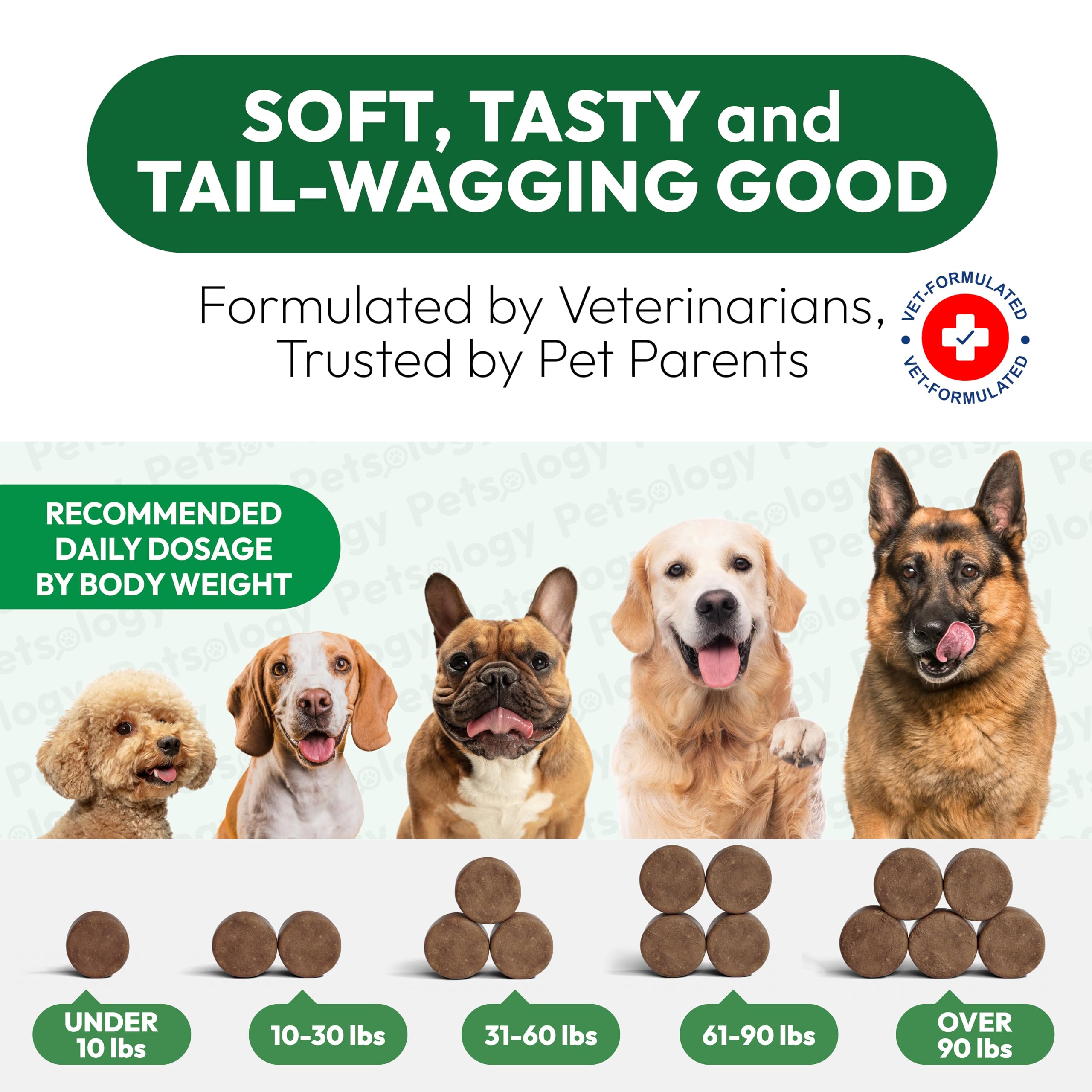 Petsology Hemp Calming Chews product shows relaxed-dog expression after use.