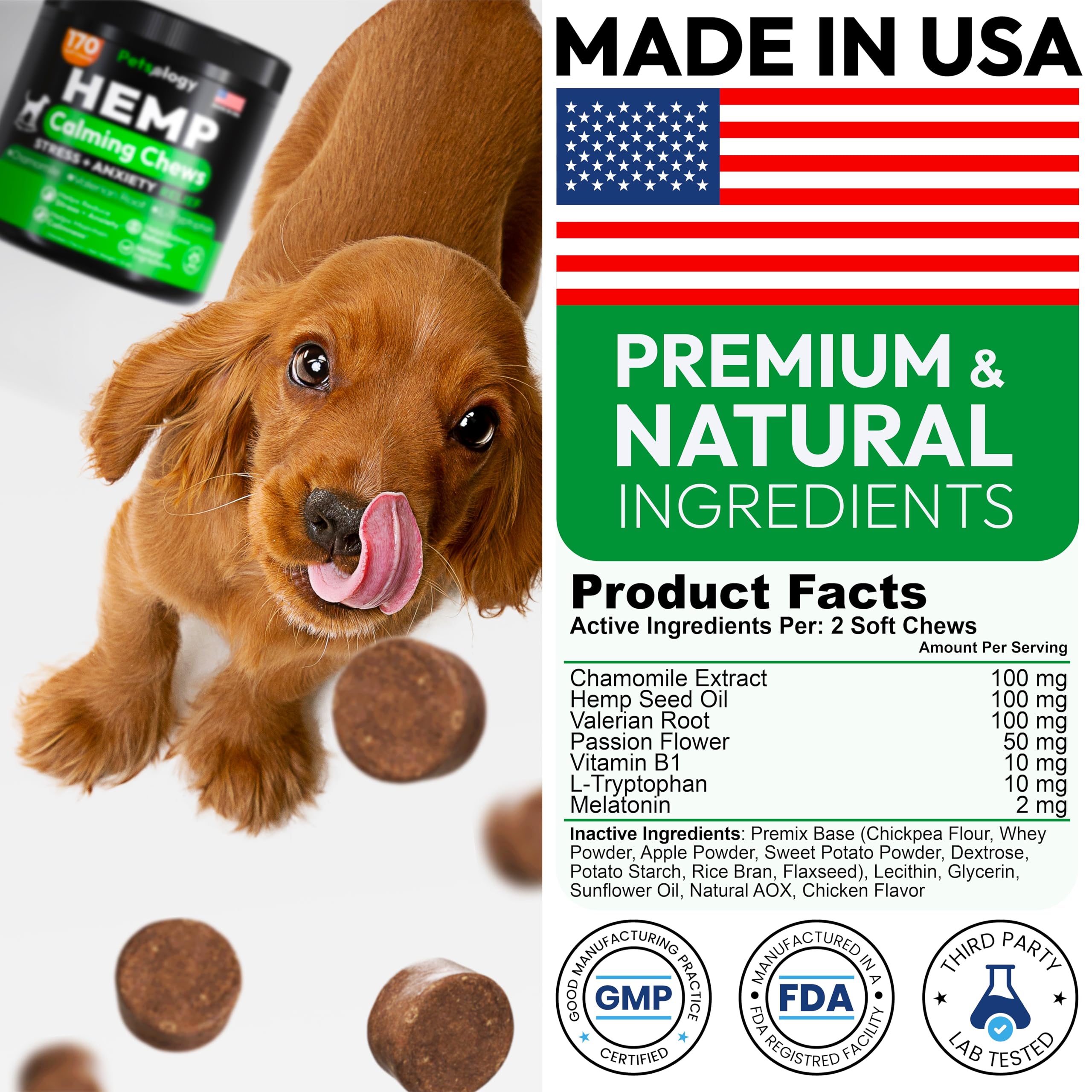 Petsology Calming Chews on-hand sample demonstrates easier grooming and vet-visit calm.