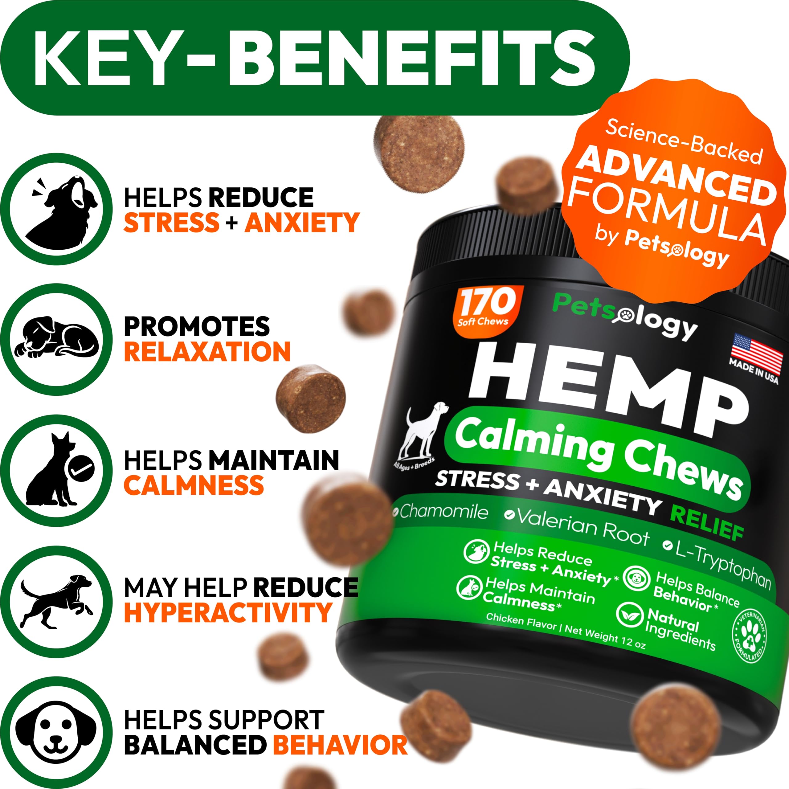 Petsology Hemp Calming Chews dog treats close-up showing melatonin support for restful sleep.