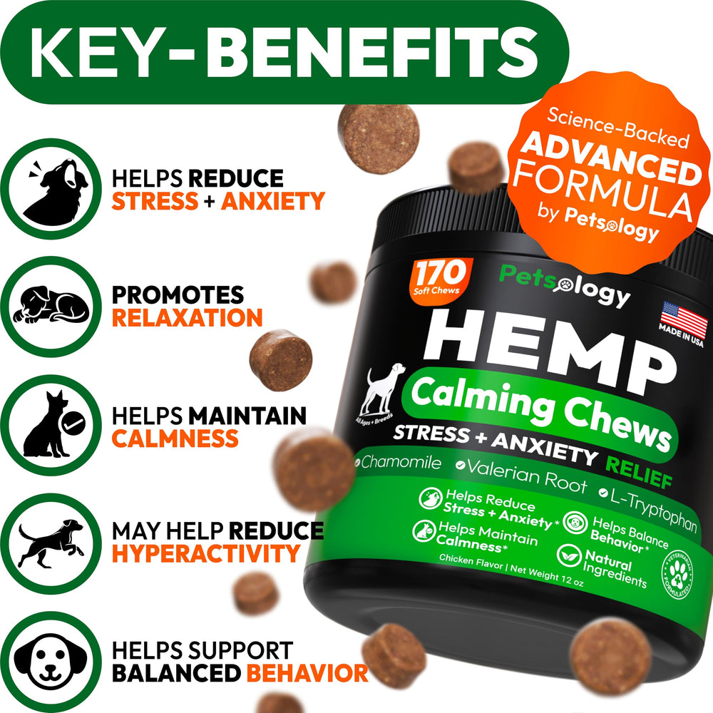 Petsology Hemp Calming Chews dog treats close-up showing melatonin support for restful sleep.