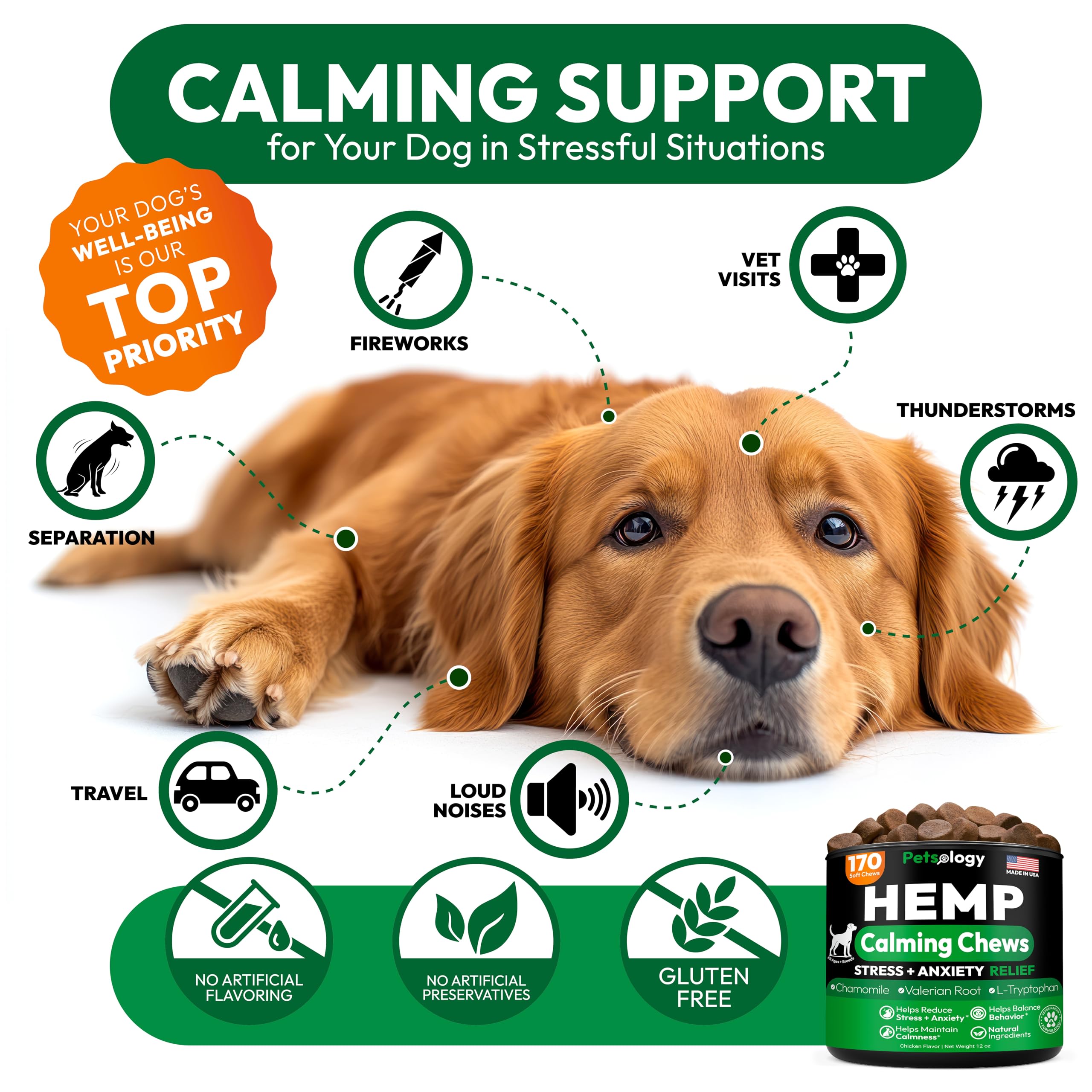 Petsology Hemp Calming Chews packaging on shelf suggests trusted USA-made quality.