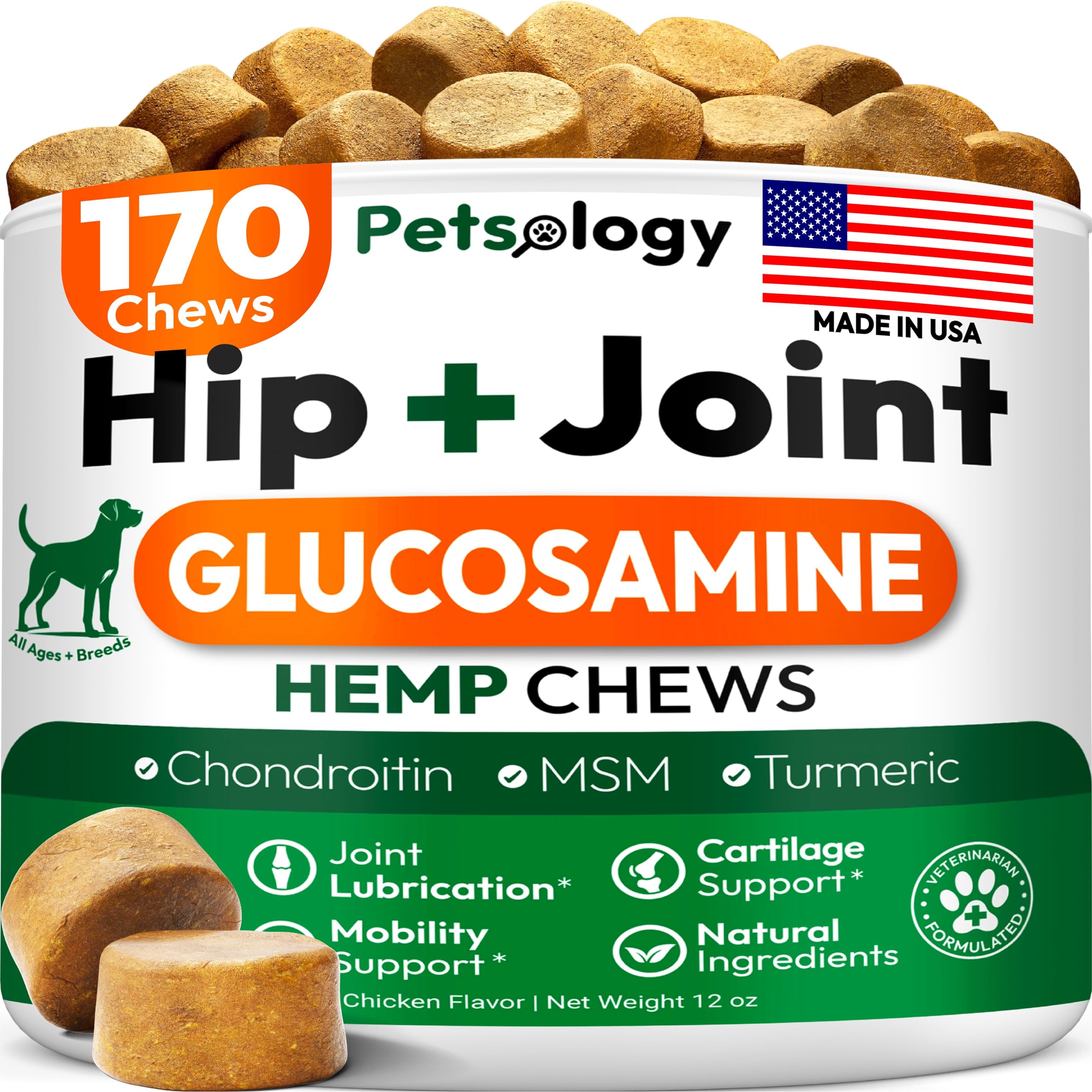 Petsology hemp hip and joint chews bottle closeup for joint support and mobility.