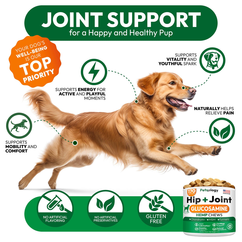 Petsology hemp hip and joint chews label highlighting glucosamine for joint health.