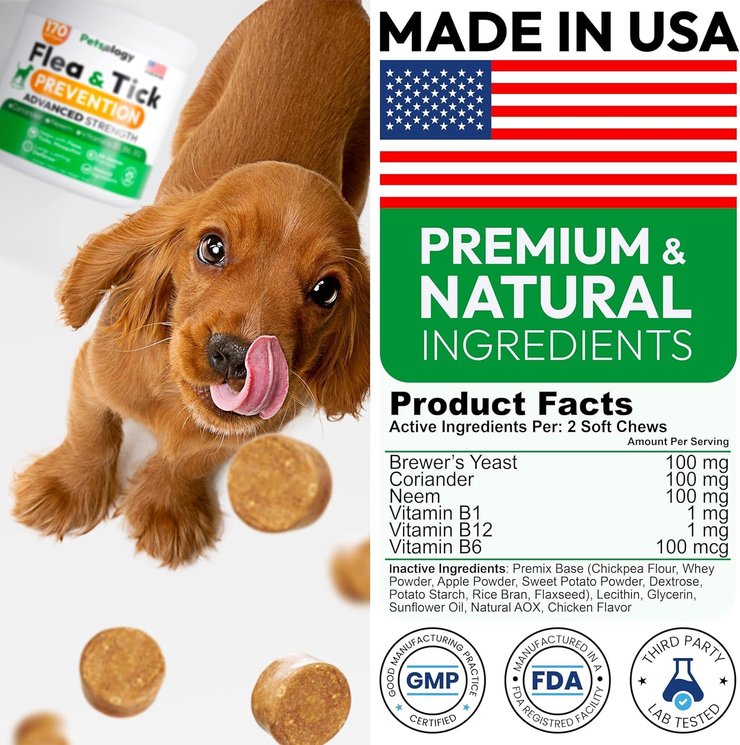 Petsology natural ingredients highlighted on chews for safer protection.