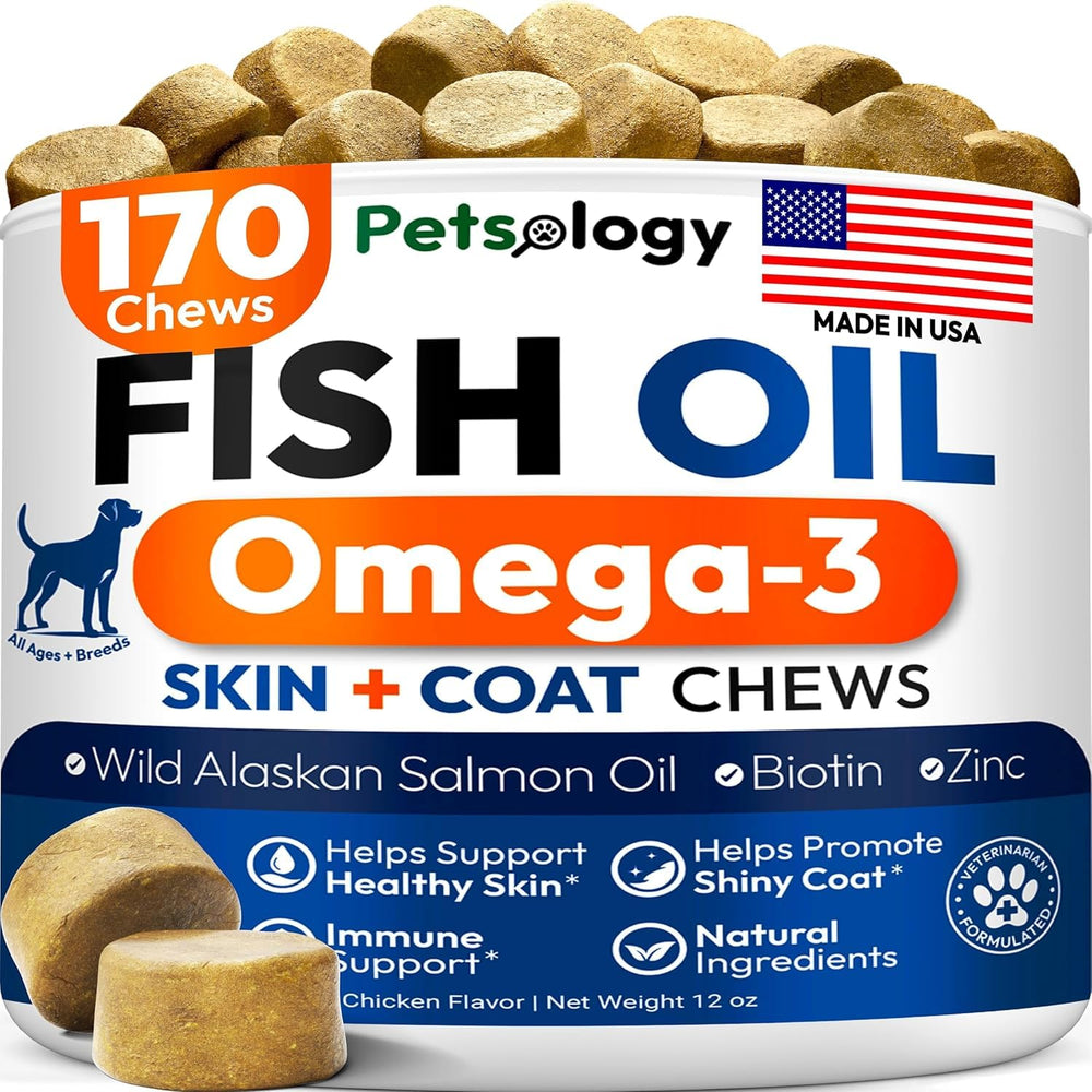 Petsology Omega-3 Dog Chews coat-gloss promote a shiny coat and healthy skin.