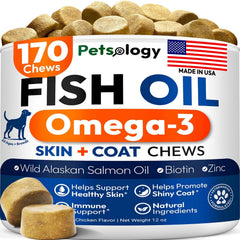 Petsology Omega-3 Dog Chews coat-gloss promote a shiny coat and healthy skin.