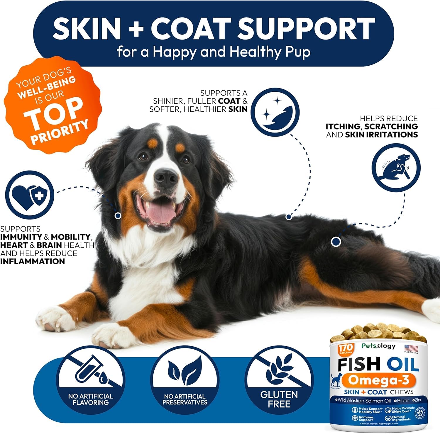 Petsology Omega-3 Dog Chews heart-health focus supported by EPA and DHA.