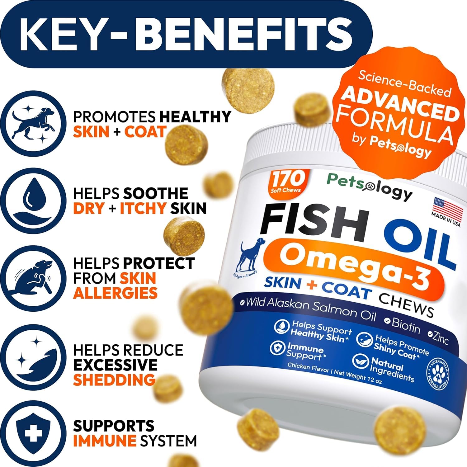Petsology Omega-3 Dog Chews itch-relief supports calmer skin during seasonal allergies.